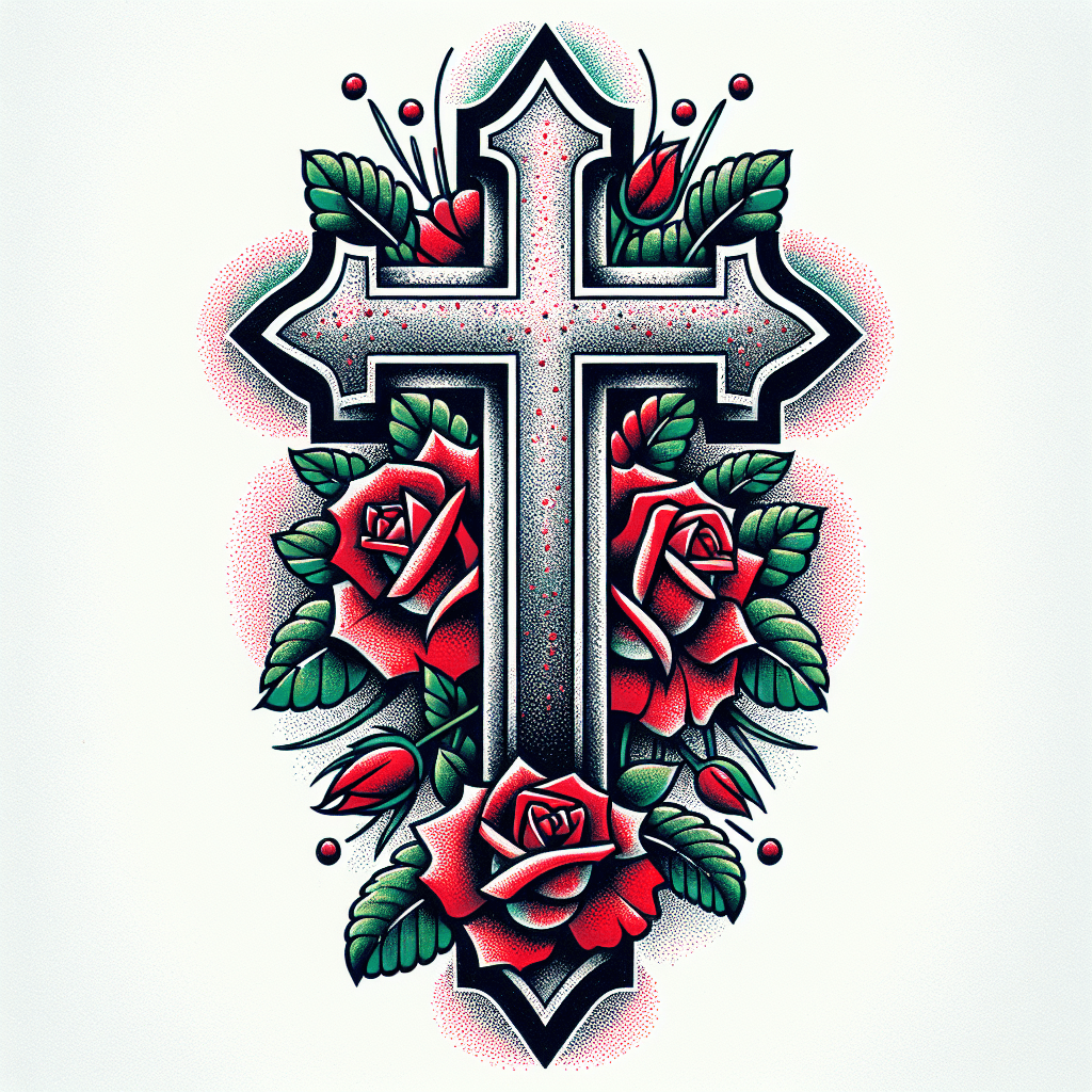 Simple Stone Cross With Three Red Roses And Green Vines