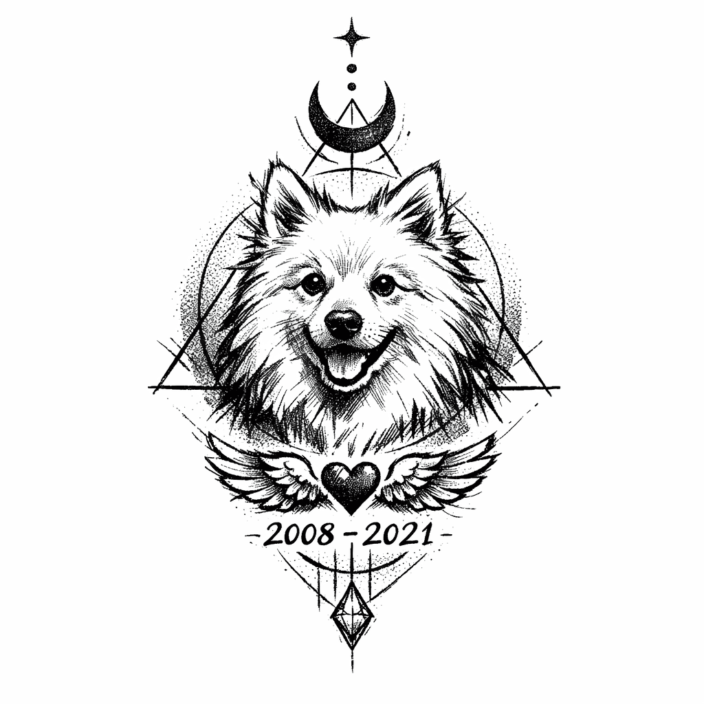 Japanese Spitz Memorial Tattoo. Heavy Black Work. Geometric Themes With Dot Work