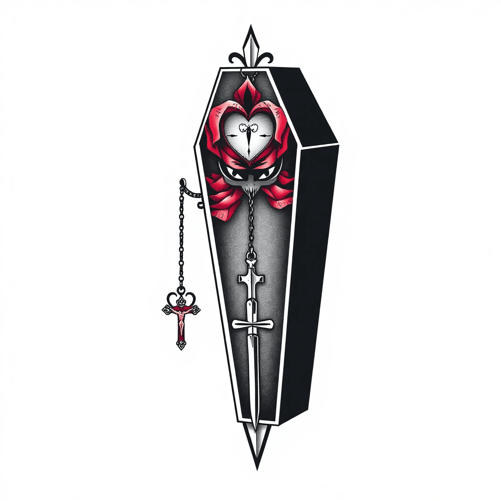Full Complete Leg Sleeve Tattoo Stencil That’s Whimsical Glamorous Horror Aesthetic Of A Vampire Coffin That’s Feminine With Dangling Vampire Pendants Such As A Crucifix, Wooden Stake, Holy Water