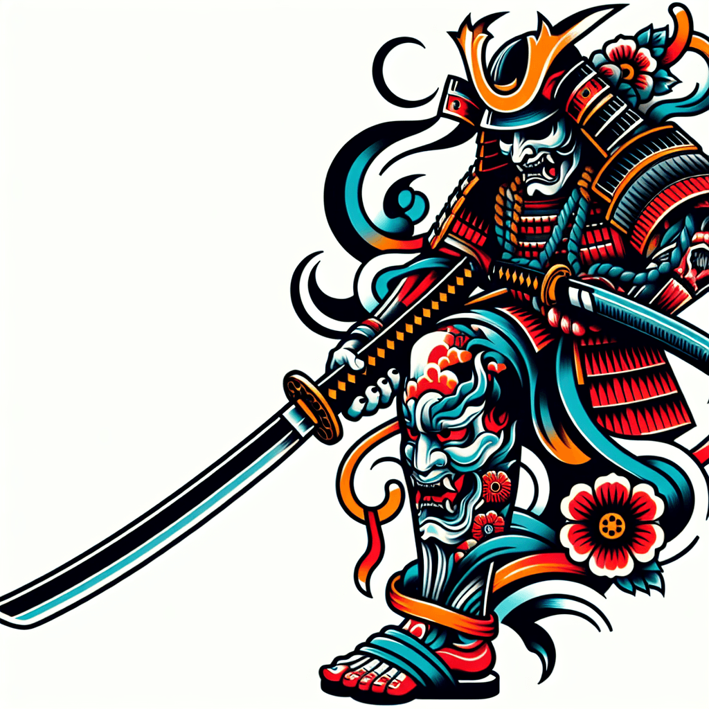 Quiero Diseñar Un Tatuaje De Un Samurai Que Se Vea Agresivo Con Una Mascara De Hannia Y La Katana Bajando Por Mi Espinilla , Quiero Que Mi Espinilla Represente La Katana Del Samurai