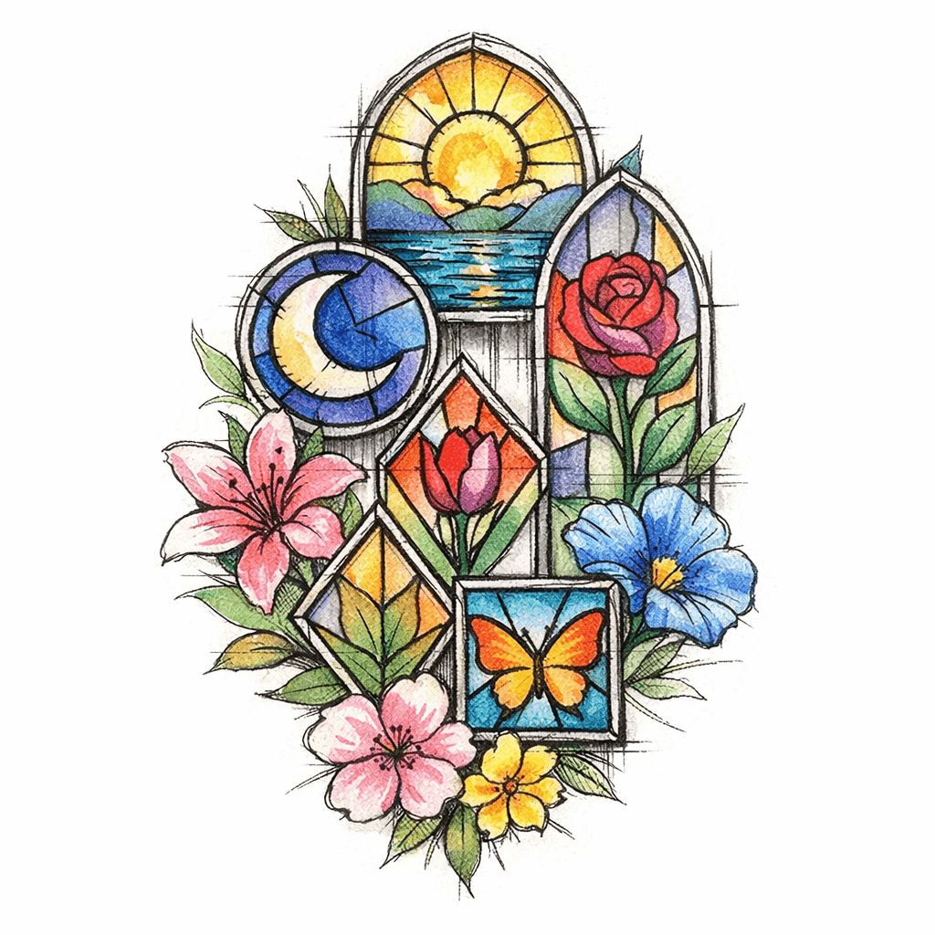 A Collection Of Stained Glass Artworks Displayed Together, Organic Floral Designs With Delicate Petals, Layered Translucent Hues