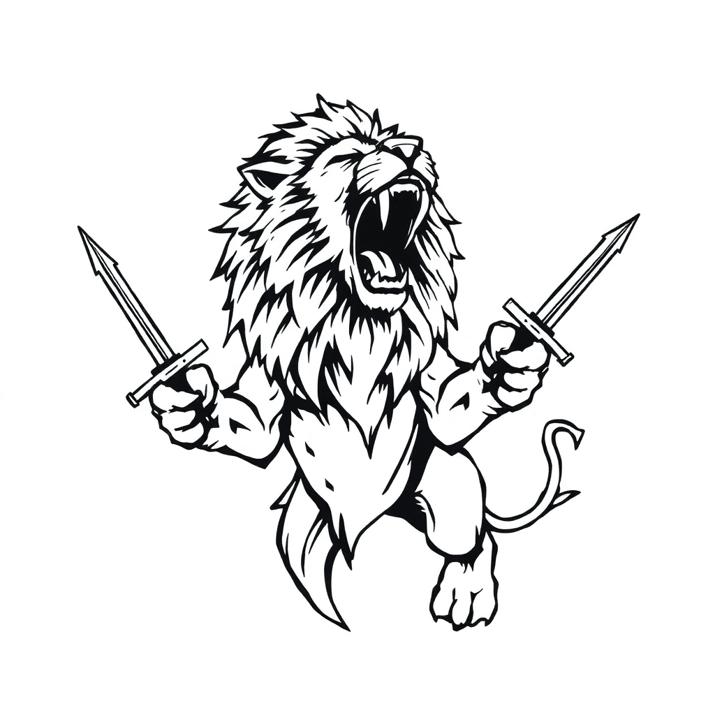 Lion Roaring Holding Weapons