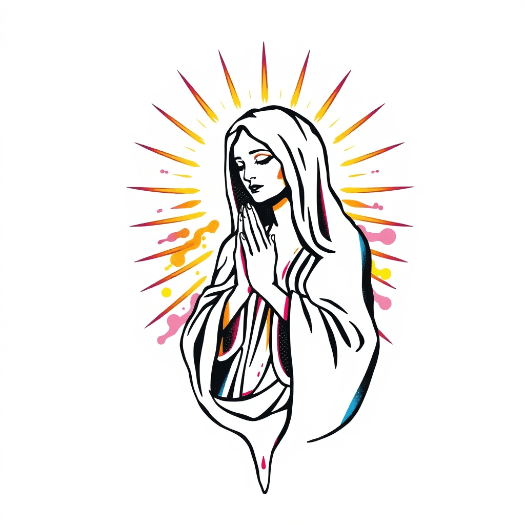 A Religous Tattoo With Praying Woman With Sun Rays In The Background Colorful