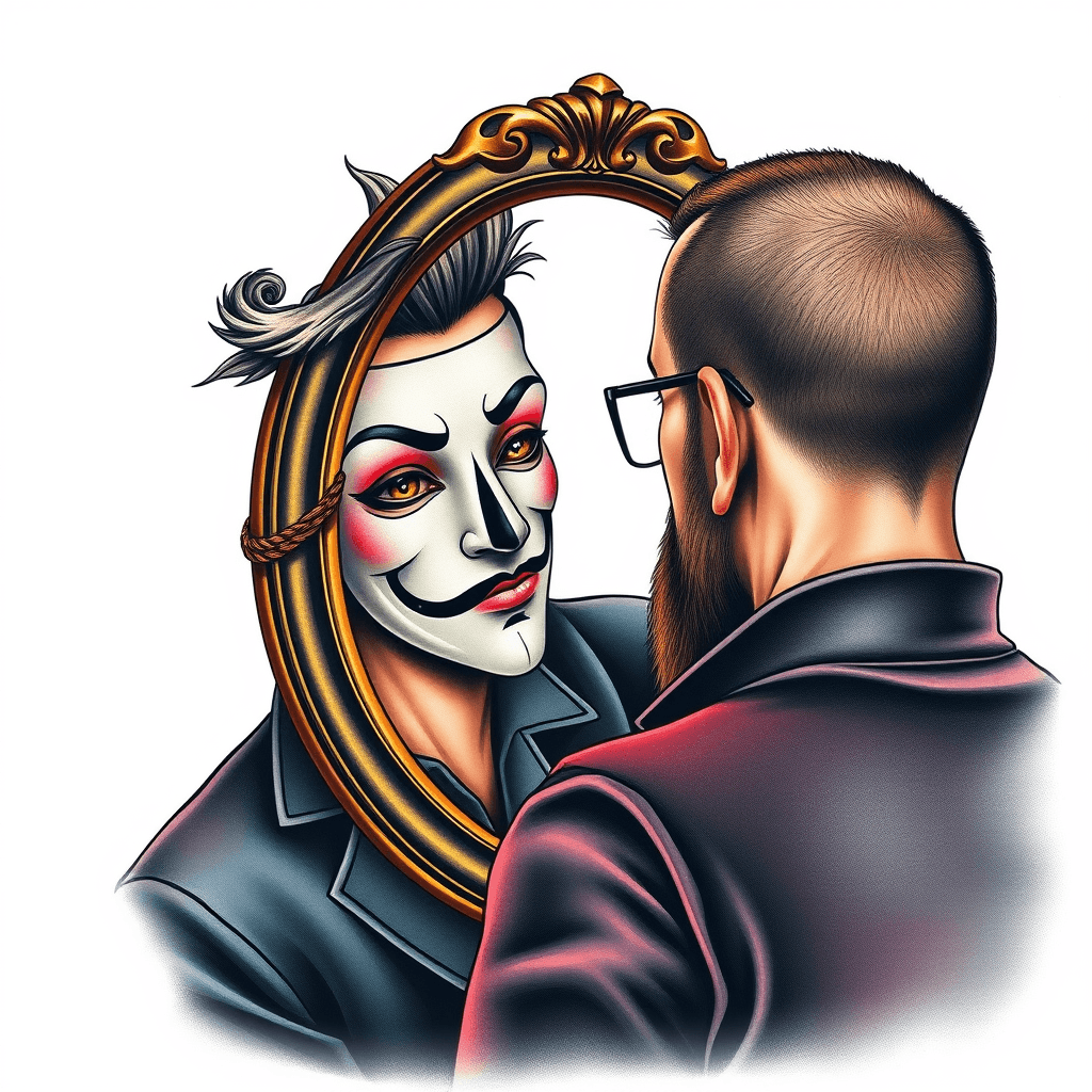 Man Looking In A Mirror And The Reflection Is A Theater Mask
