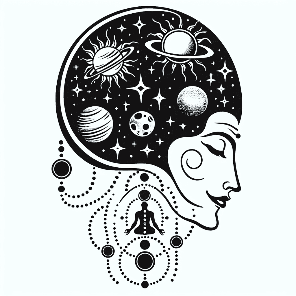 Half Image Of God Vishnu With Happy Face, Dreaming The Creation Of Universe As Raising Up Image Add Small Modern Satellites, Planets, Stars And Place Kundalin 7 Chakras And Human Evolution Realistic