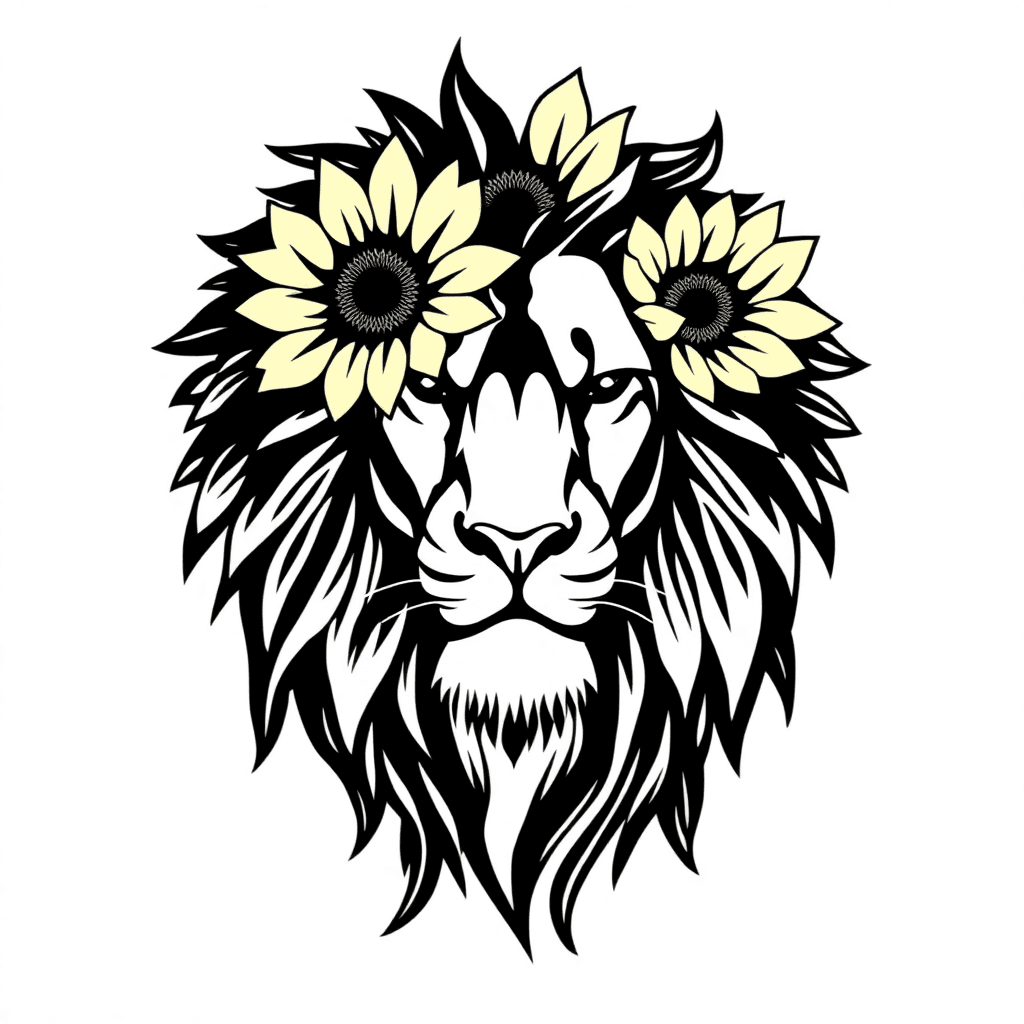 Lion Head With Sunflowers As The Mane