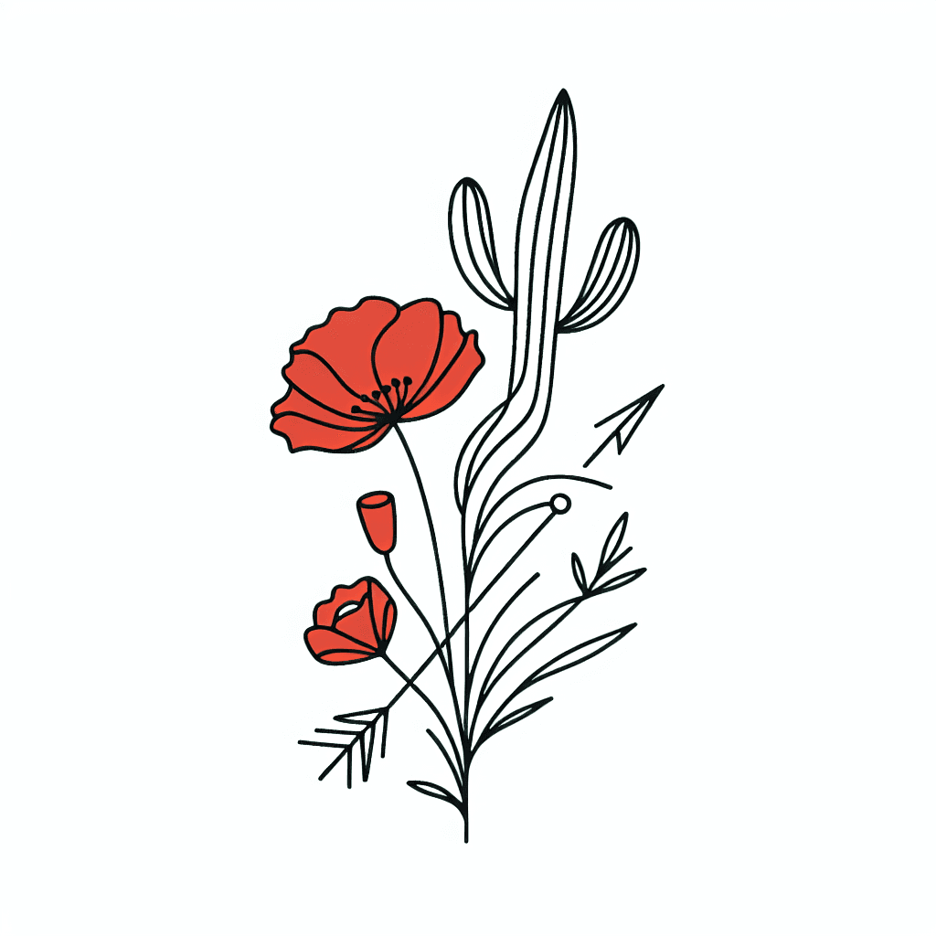 Single line "Poppy and yucca plant with a arrow" Tattoo Design