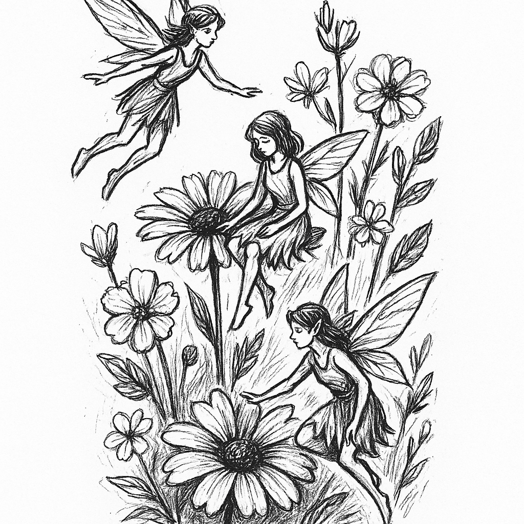 3 Fairies In A Flower Garden Black Ink Tattoo