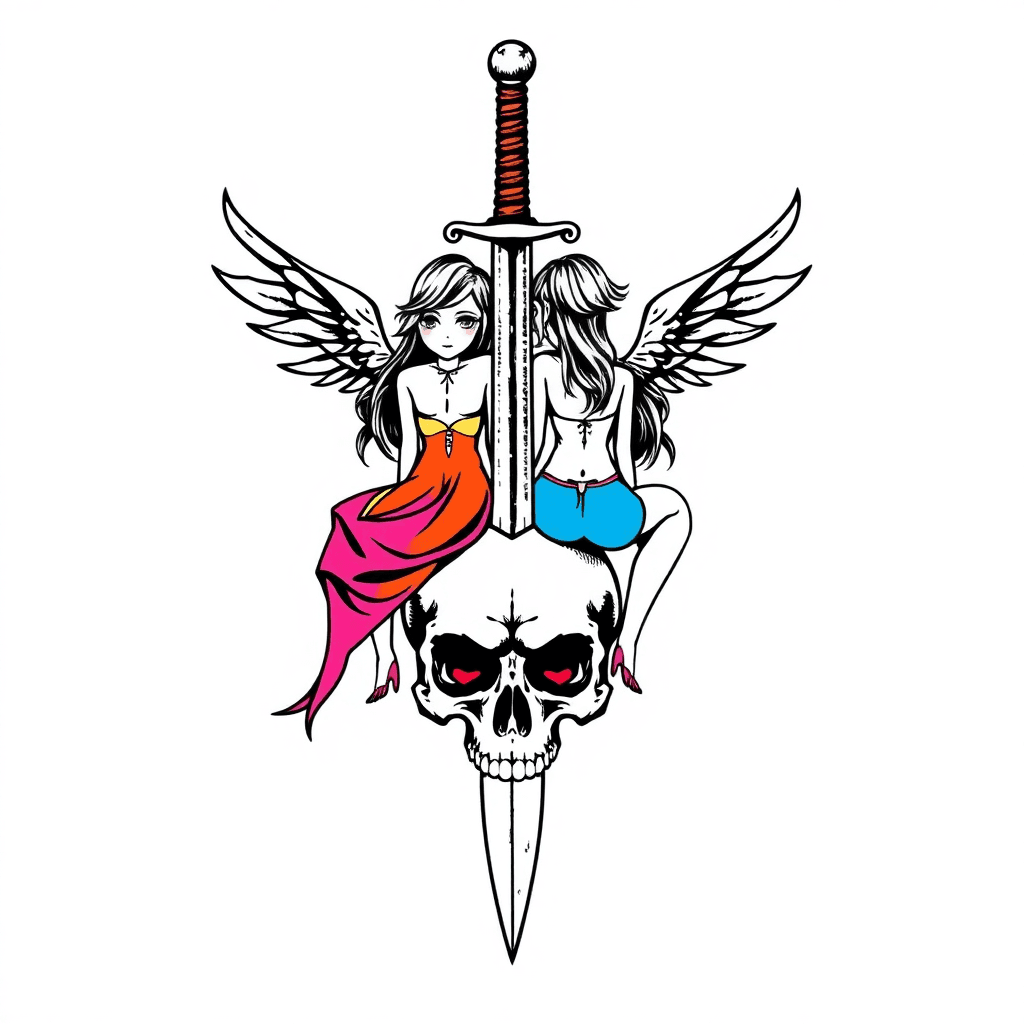 A Sword With Two Girls Sitting On A Skull As A Handle