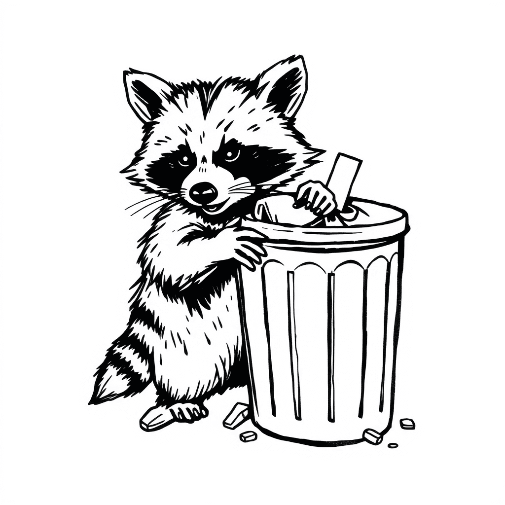 Raccoon Ripping Garbage Up By A Trash Can
