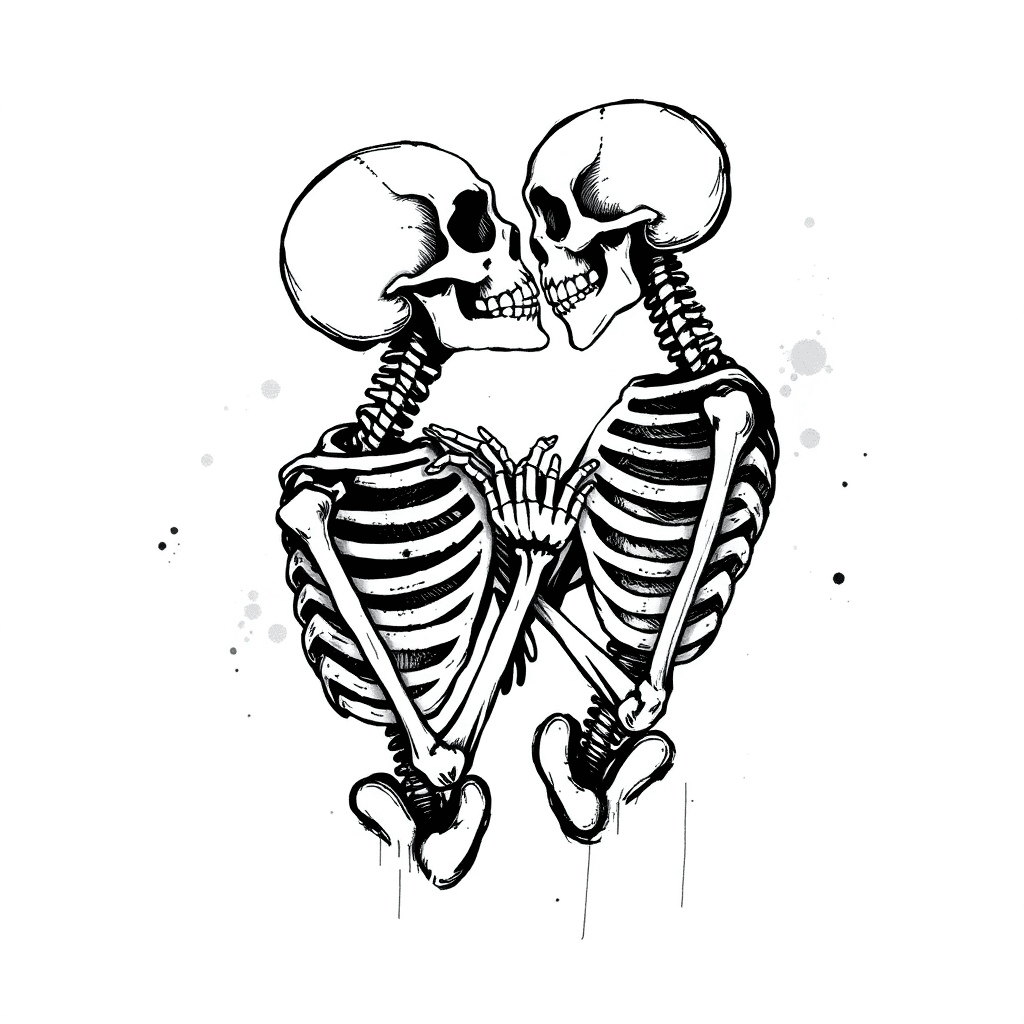 Cople Of Skeletons Very Near Of Ecach Other About To Kiss, Levitating With The Space In The Back Ground