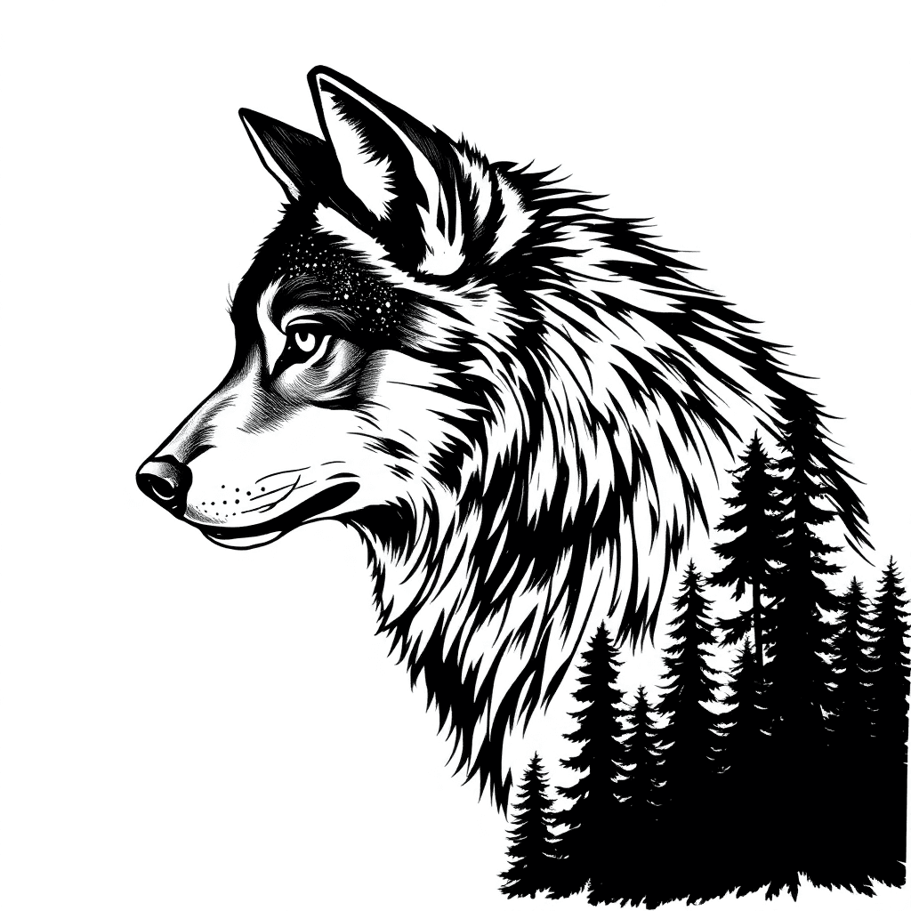 Hyper-realistic Realistic Wolf Tattoo With Forest Background And Starry Sky Showing The Brightest Stars Of The Orion Belt