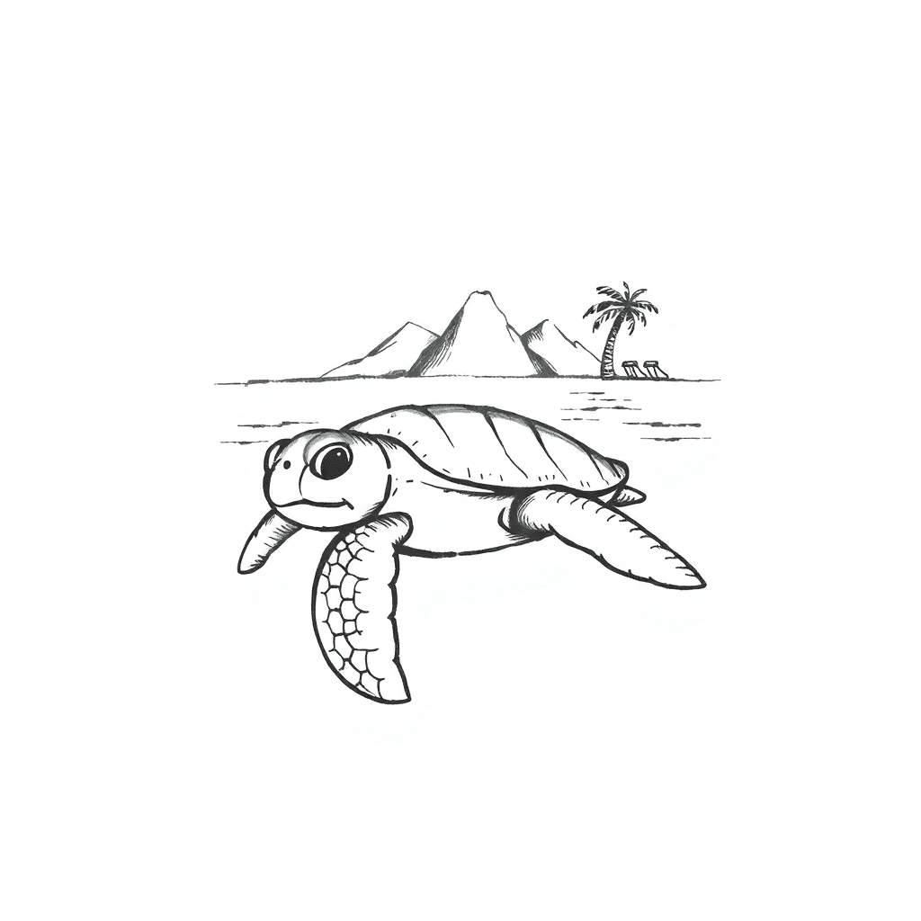 Sehr Sketchy Bleistift Zeichnung. Unten Korallen, Darüber Eine Meeresschildkröte Von Vorne Die Auf Einen Zuschwimmt. Dann Oben Der Strand In Dem 2 Flipflops Stecke Und Im Hintergrund Palmen Und Berge