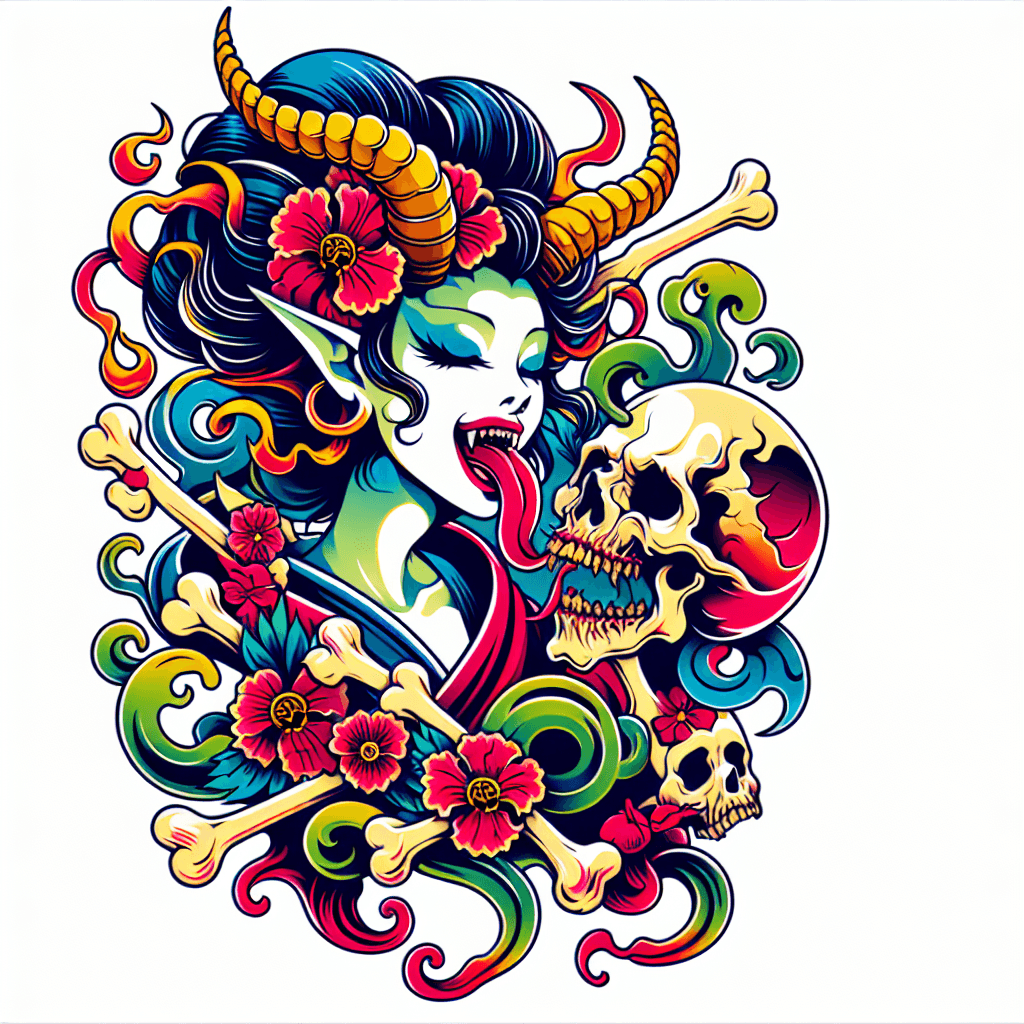 Beautiful Succubus With Long Horns, Licking A Skull Surrounded By Bones