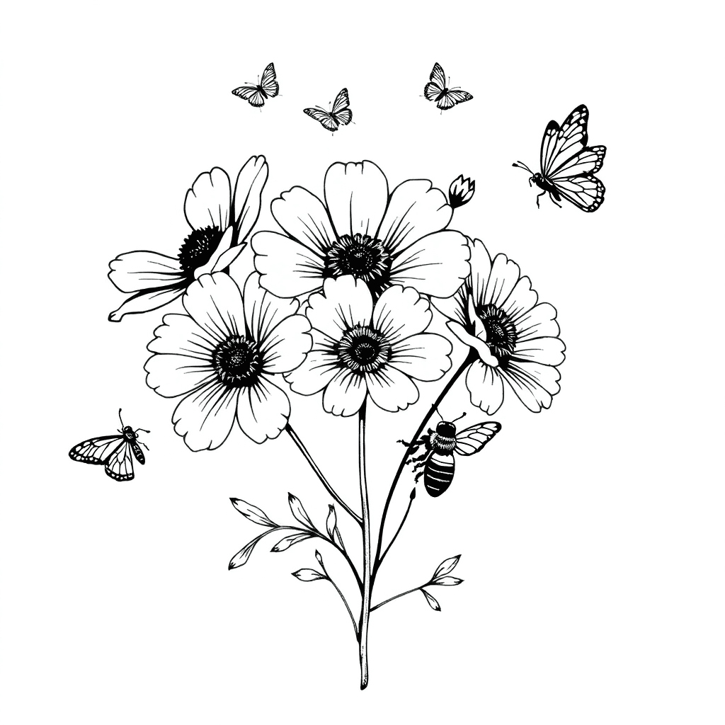 3 Cosmos And 1 Aster In A Bouquet With Bees And Butterflies. 28.10.12 On Stem