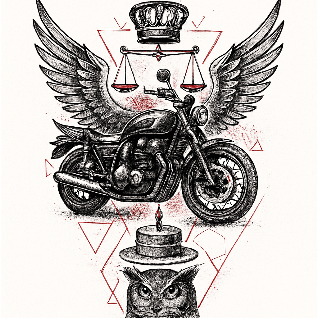 Motorbike With Wings, Crown, Cake, Scales, Owl. Lines, Triangles, Hexagons. Black And Red Colors Tattoo