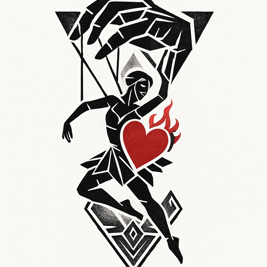 This Is A Realistic-graphic Style Tattoo Design That Depicts A Complex And Dramatic Composition, Essentially A Metaphor For Control And Passion.
key Elements And Composition:
• The Puppeteer Hand (top