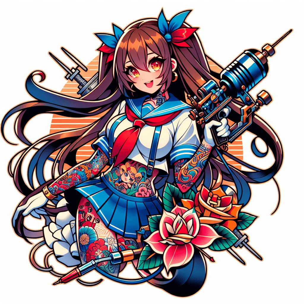 Anime Girl With Long Pigtails Holding A Tattoo Gun In Japanese School Girl Uniform