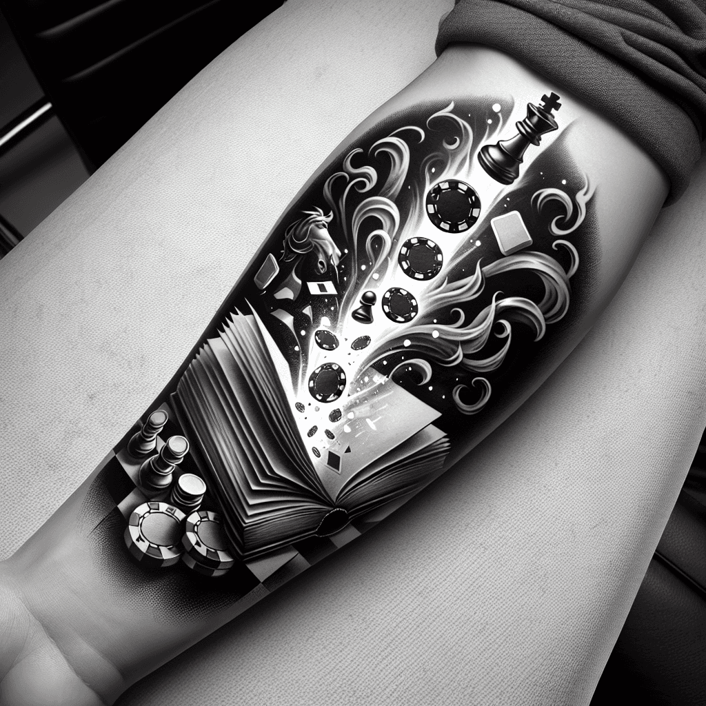 Forearm Tattoo Of An Open Book With Poker Chips And Chess Pieces Flying Up Out Of It With Smoke And Light Surrounded By A Frame