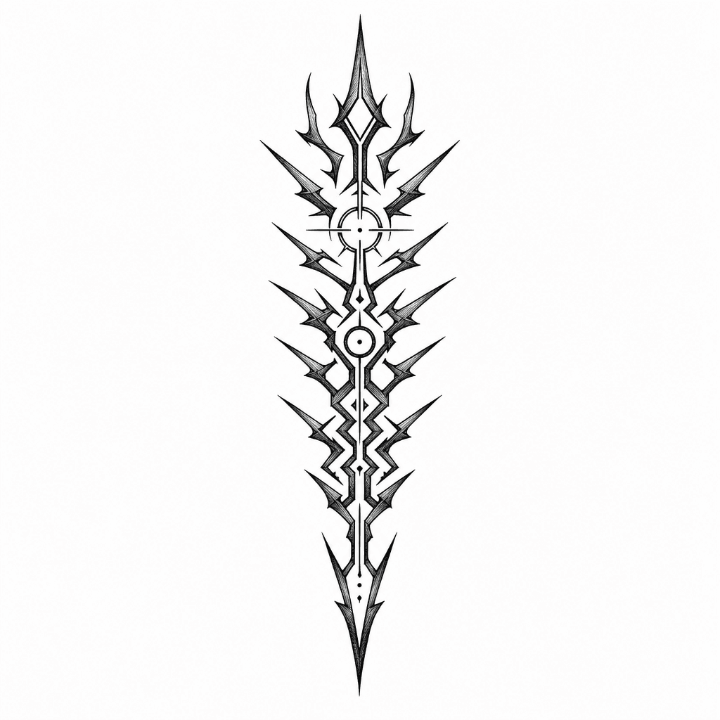 Sharp Black Cybersigil Spine Tattoo With Jagged Tribal Shapes