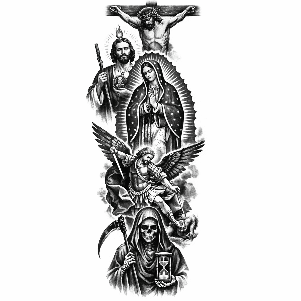 Manga Completa Brazo Isquierdo, Cristo ,san Judas , La Virgen De Guadalupe, San Miguel Arcangel Y La Santa Muerte