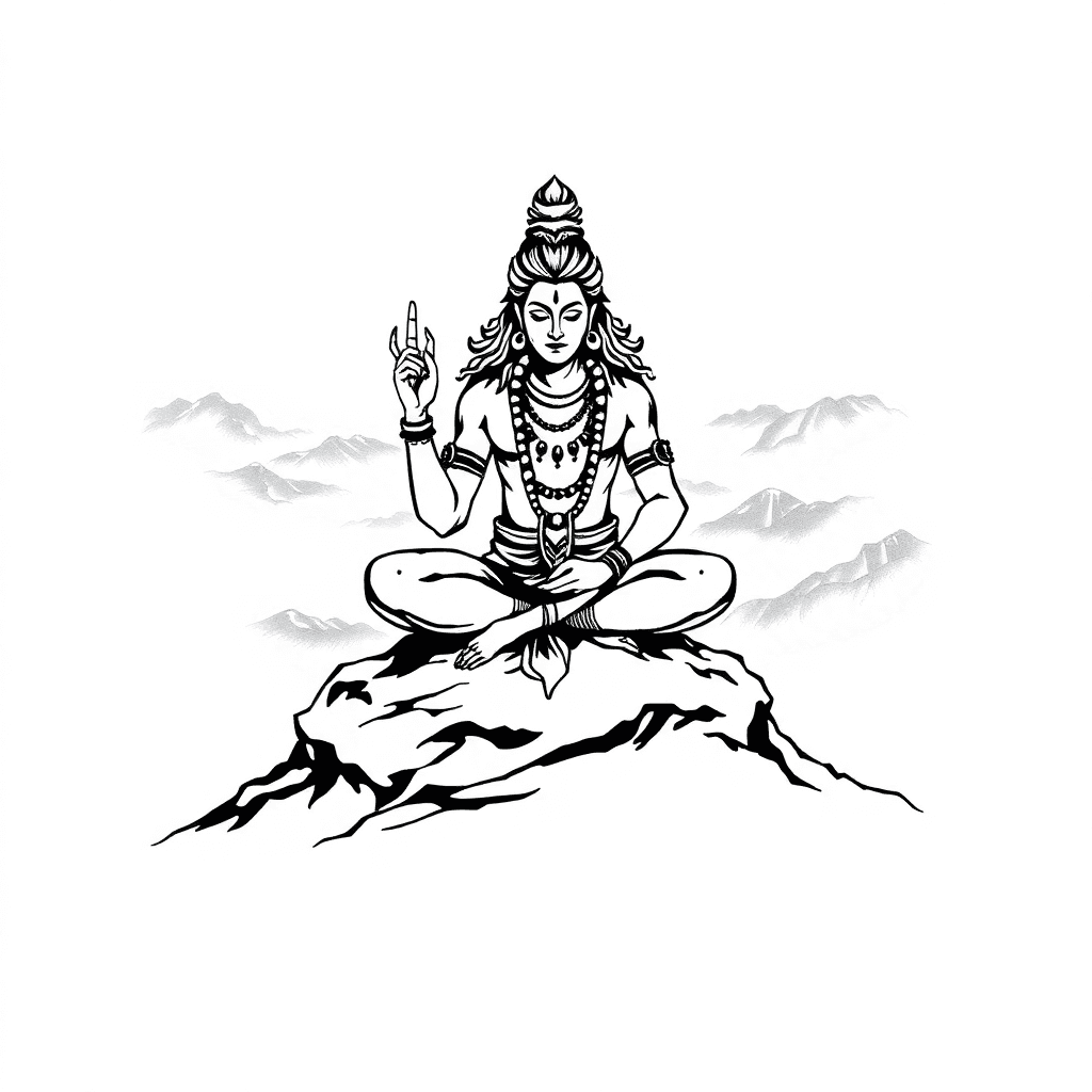 Imagine Shiva In A Calm, Meditative Posture Seated On A Hilltop, With The Background Showing Mist-covered Mountains. You Could Include Neo-traditional Design Elements Like Thick, Clean Outlines, Bold