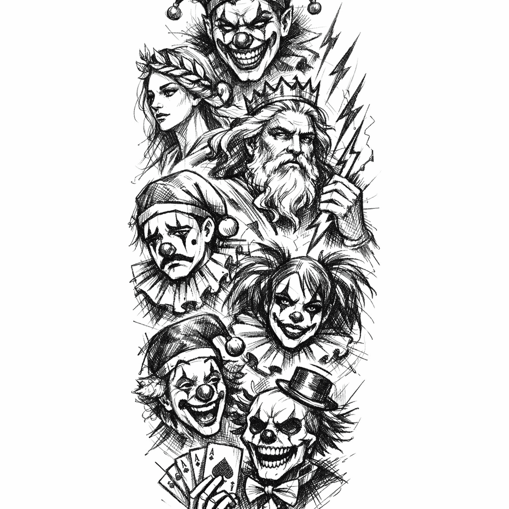 I Want A Full Sleeve Tattoo Of Clowns Or Gods