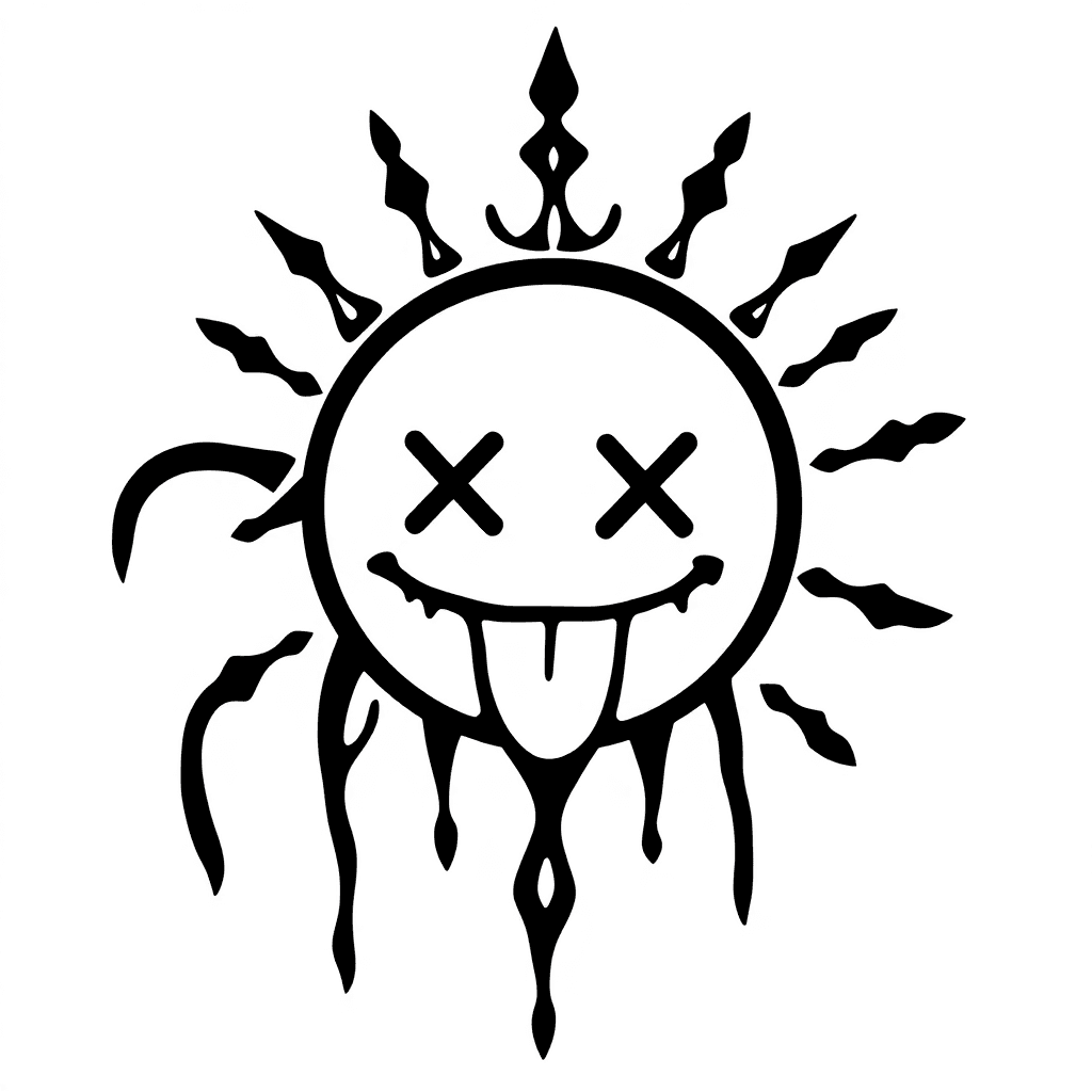 A Circle With Two X Shapes Where The Eyes Are Suppose To Be And The Tongue Sticking Out, Emoji Like, Symbol, Tattoo, Drippy