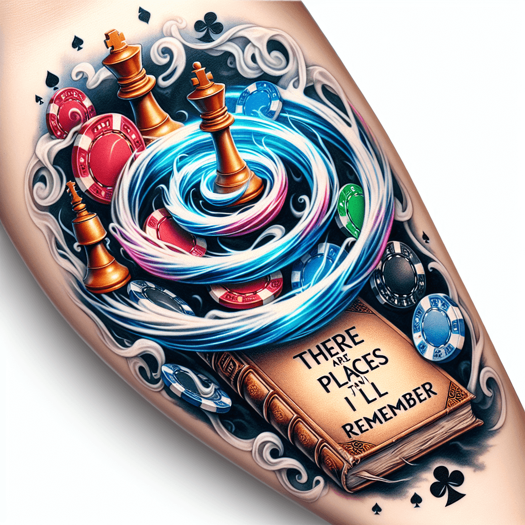 Forearm Tattoo Of Poker Chips And Chess Pieces Mystically Spiraling Up And Out Of A Tattered Old Book Titled Hiraeth With Smoke And The Words “there Are Places I’ll Remember “