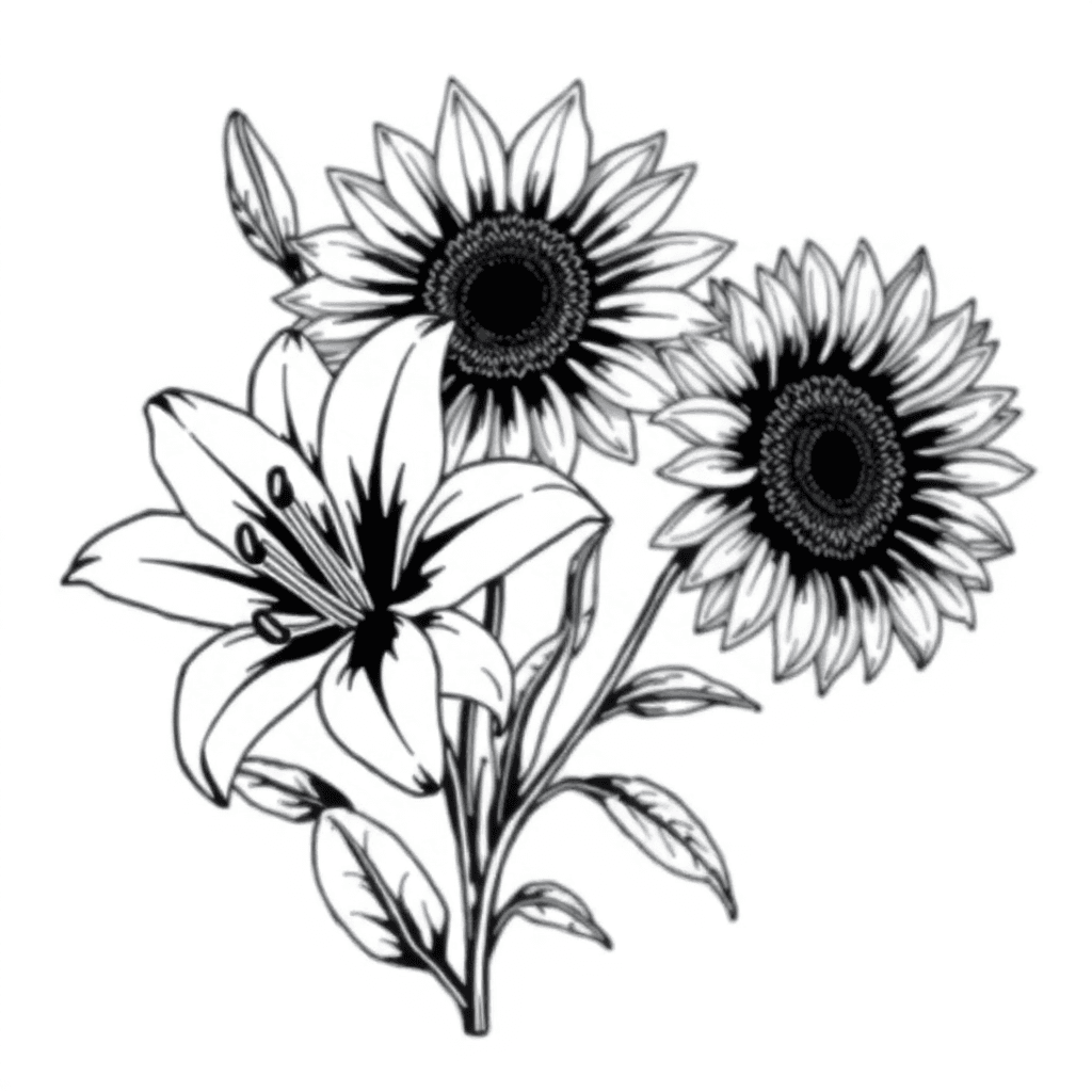 Two Lillies And A Sunflower