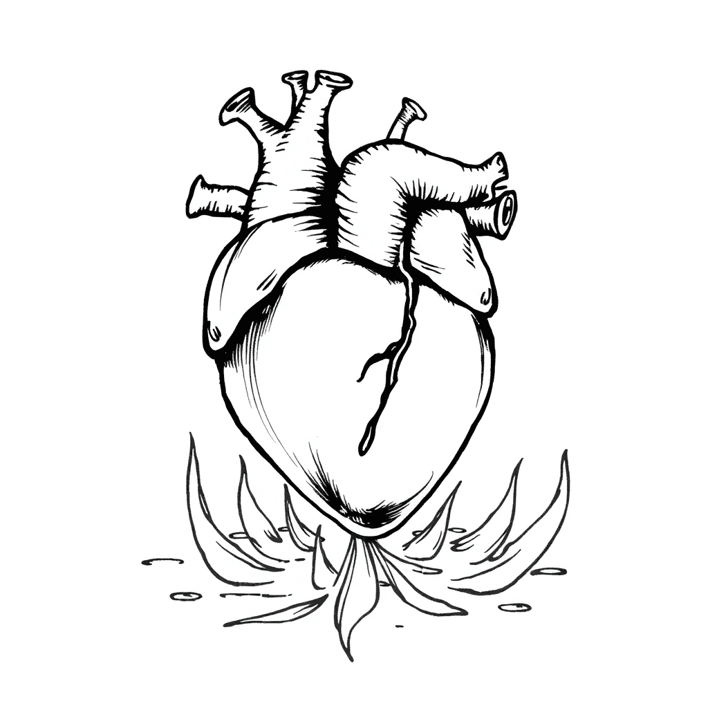 Realistic Heart With Valves. Rooted In A Lake Of Fire