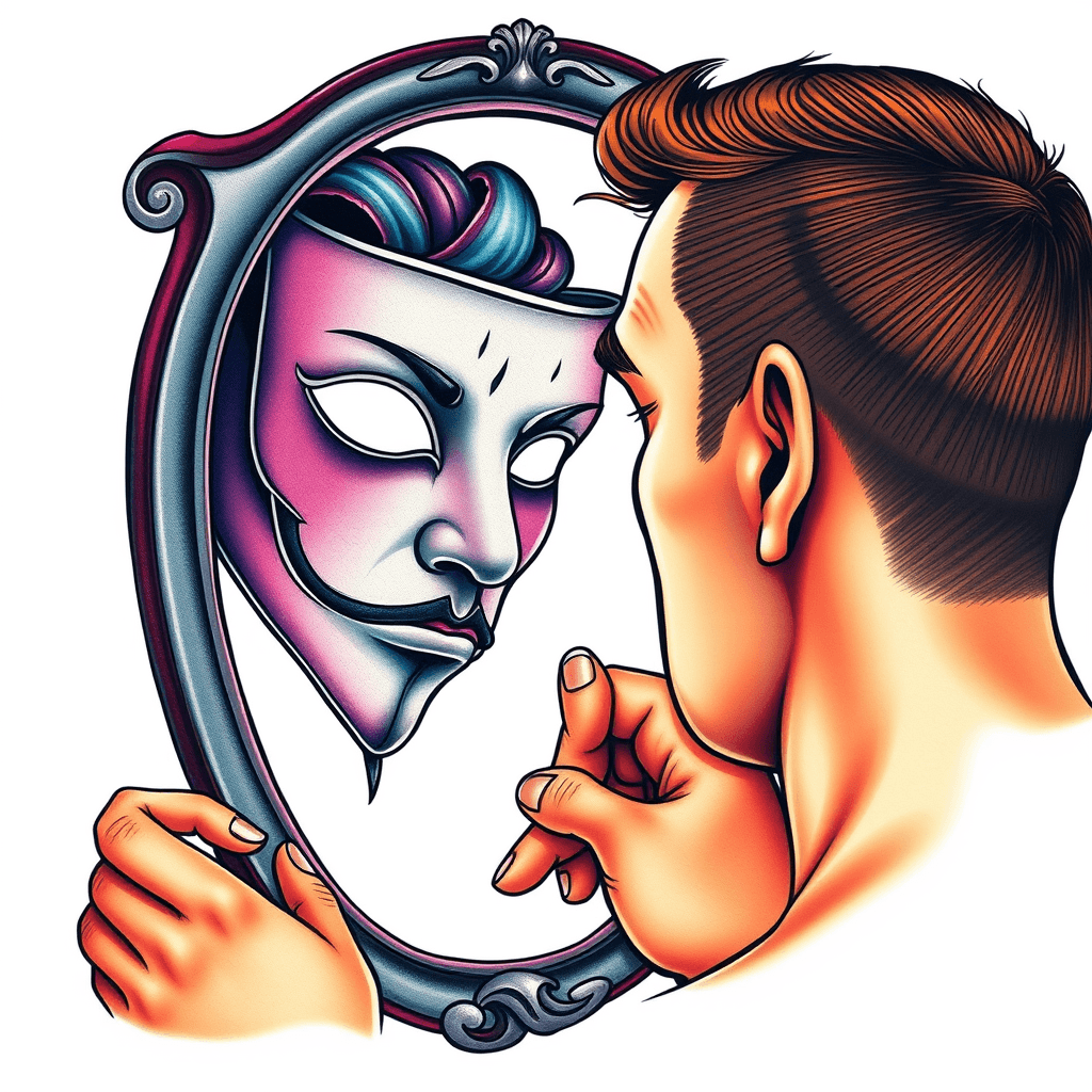 Man Looking In A Mirror And The Reflection Is A Theater Mask