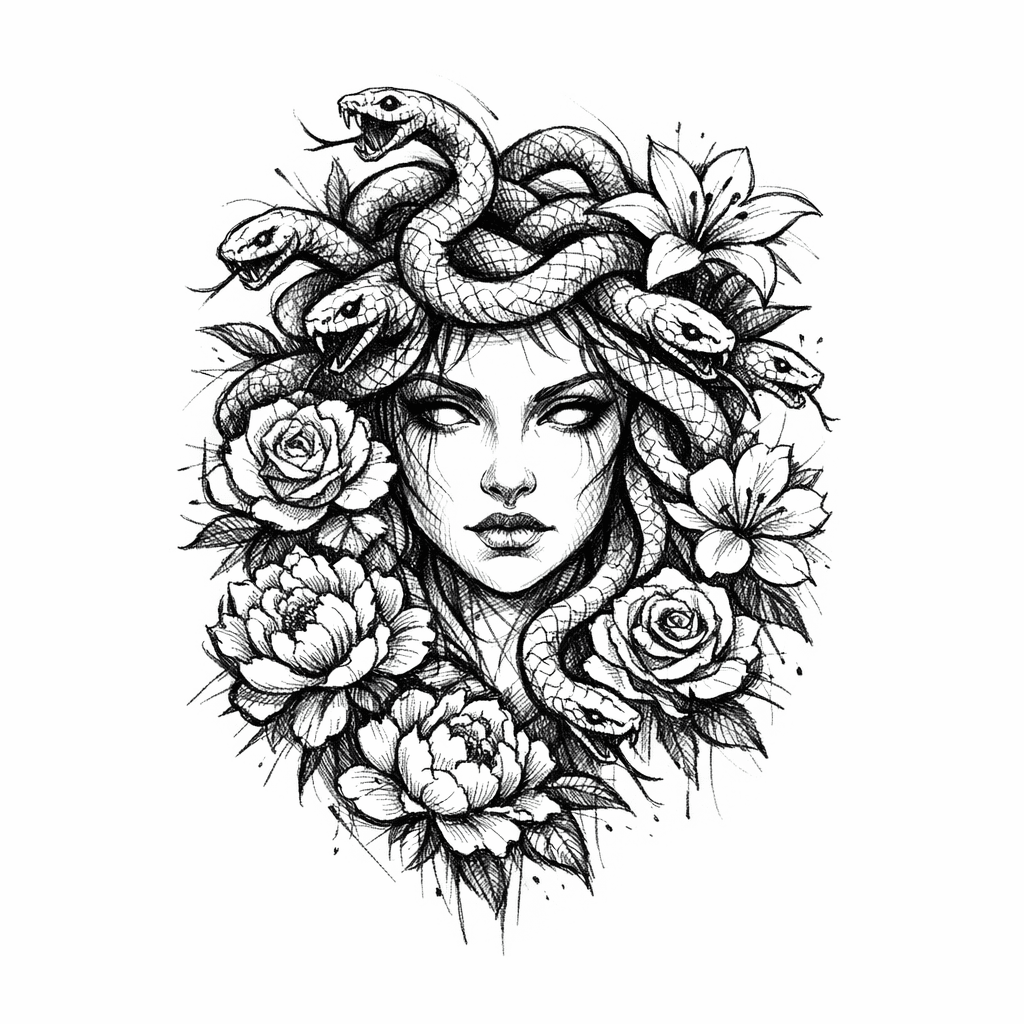 Medusa Tattoo That Has 9 Snakes For Her Hair And 7 Flowers That Are Surrounding Her