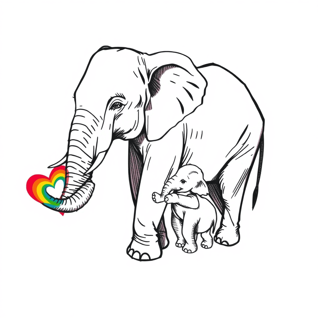Mother And Baby Elephant, With Rainbow Heart From Trunk
