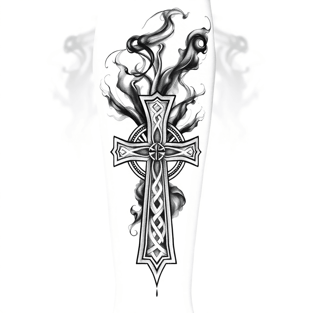 Forearm Tattoo Colored Smoke Turning Into Celtic Cross