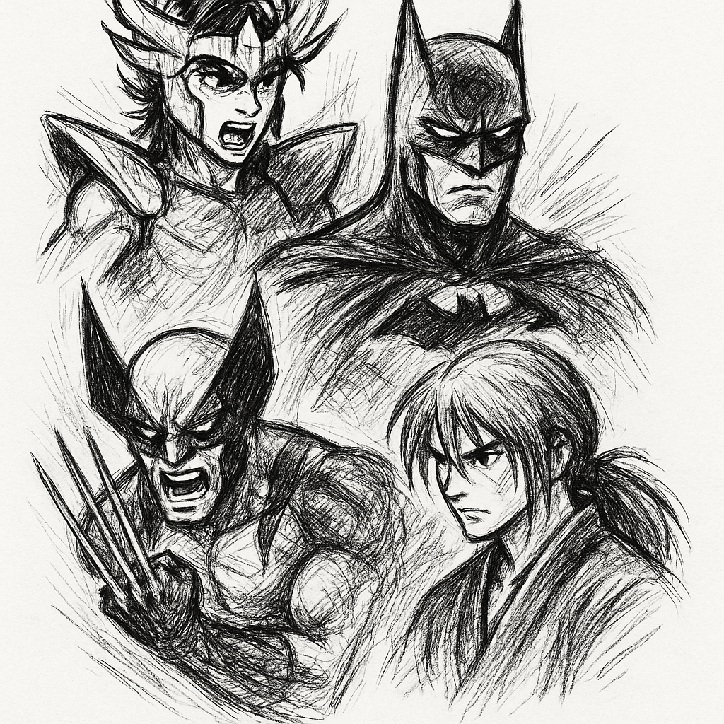 A Black And White Aggressive Tattoo Design Featuring The Original Anime And Comic Characters Together: Ikki De Fénix (saint Seiya), Batman (dc Comics), Wolverine (marvel Comics), And Kenshin Himura