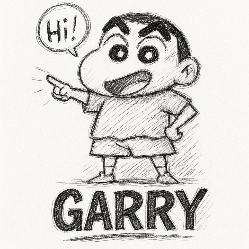 Shin-chan, With One Hand On His Hip And The Other Pointing Enthusiastically At The Boldly Written Name "garry." A Speech Bubble Nearby Could Say "hi!" Or Just Have Some Playful Lines.