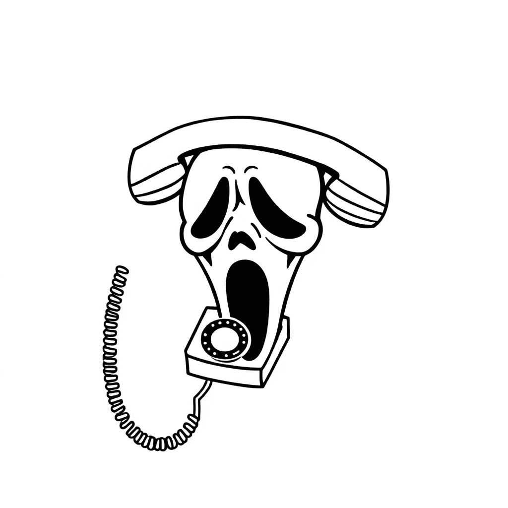 Single line "Scream face with telephone and cord" Tattoo Design