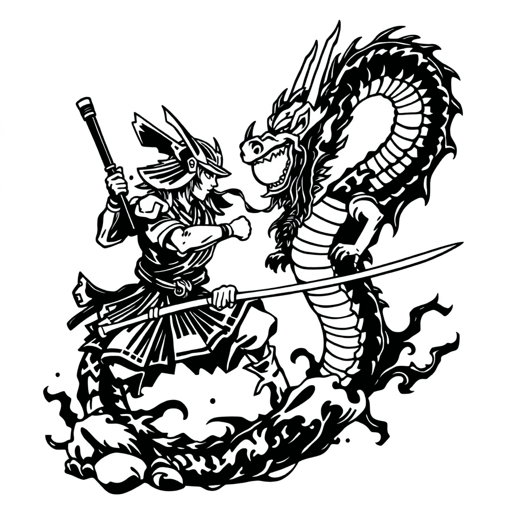Japanese Samurai Fighting A Dragon