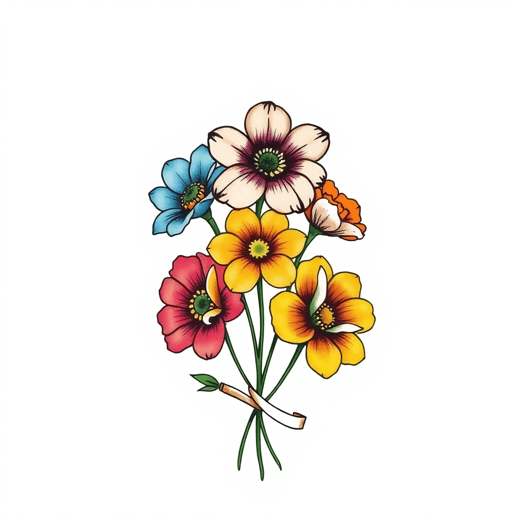 Five Flowers Birth Flowers For October, December, February, September, And August. All Connected At The Stem With A Ribbon.