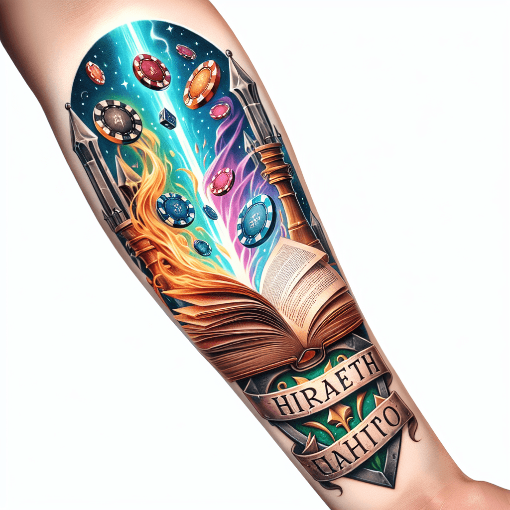 Forearm Tattoo Of An Open Book With Poker Chips And Chess Pieces Flying Out And Up With Smoke And Light And The Word “hiraeth” Carved In A Stone Banner