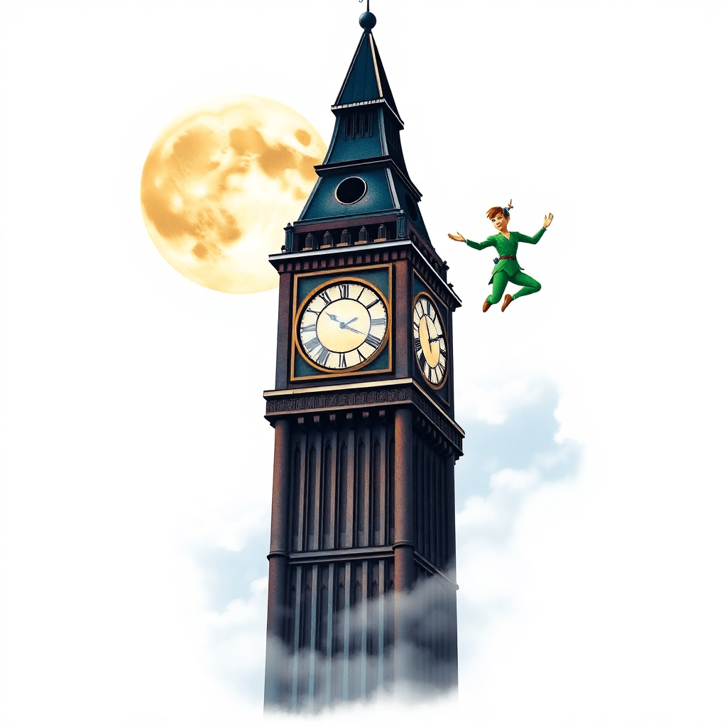 Clock Tower In Front Of Full Moon Woth With Peter Pan Flying Surrounded By Clouds And Fog