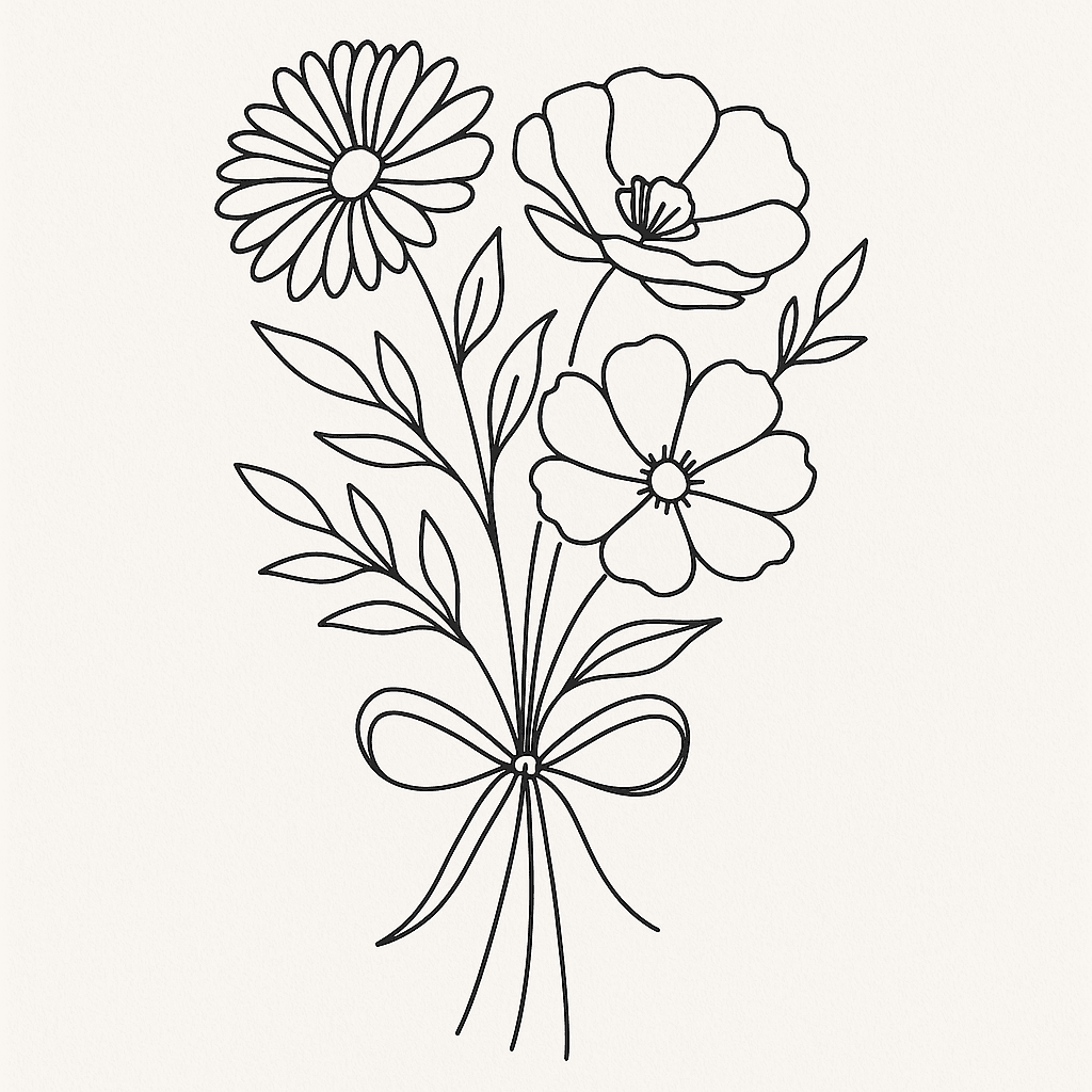 A Cute But Elegant Bouquet Of An Aster, Poppy, And Cosmo Flower Being Held Together By A Bow. Accent Leaves Would Be Appreciated.