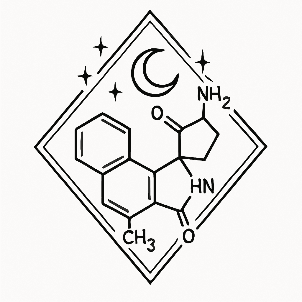 Line Art Tattoo Of The Lsd Molecule Surrounded By A Small Crescent Moon And Stars, Fine Clean Lines, Minimal Shading, Mystical But Scientific Blend