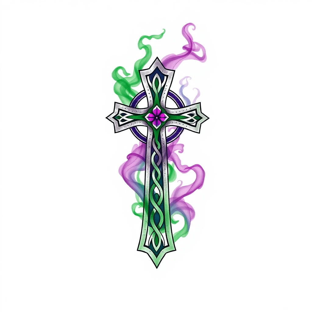 Irish Celtic Cross Made Out Of Green And Purple Smoke Forearm Tattoo