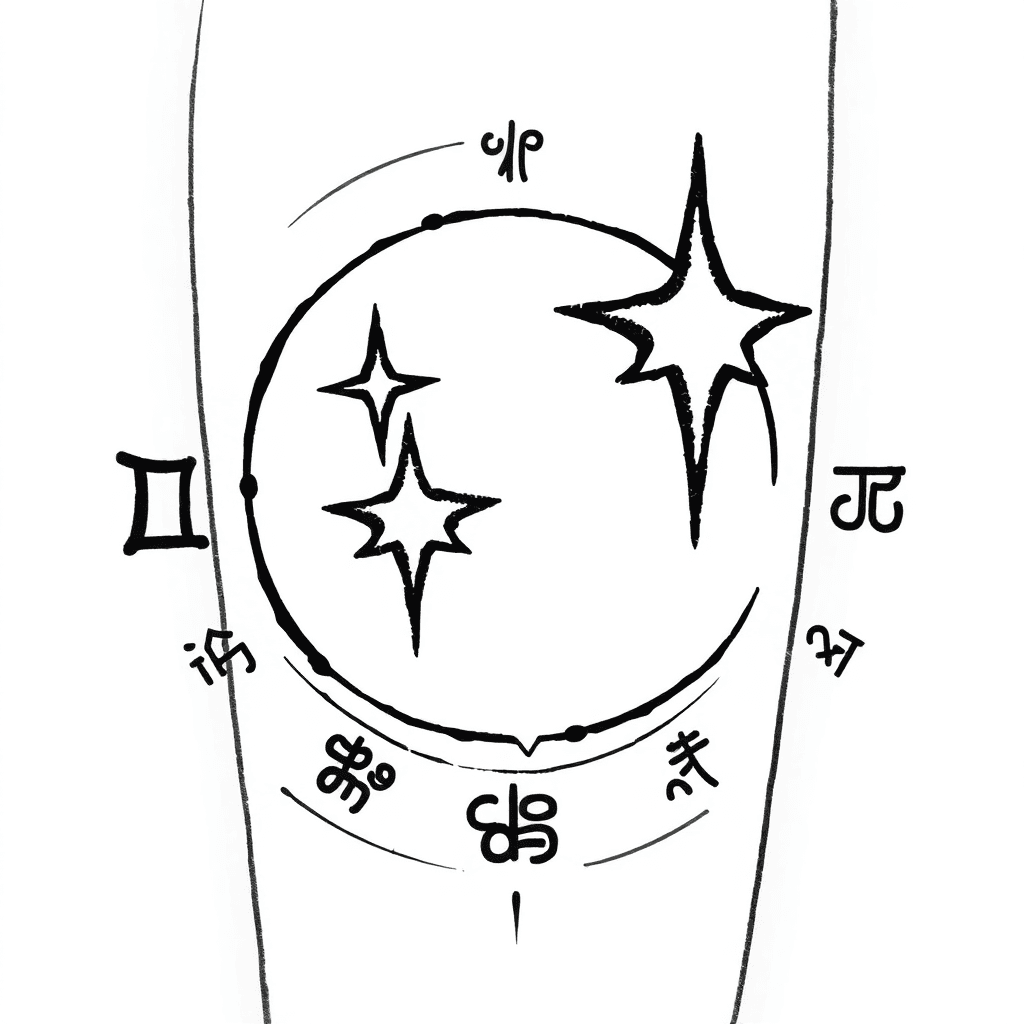 Zwei Sterne Am Firmament, Mit Mond Im Hintergrund Umgeben Von Magischen Zeichen. Unterarm Tattoo