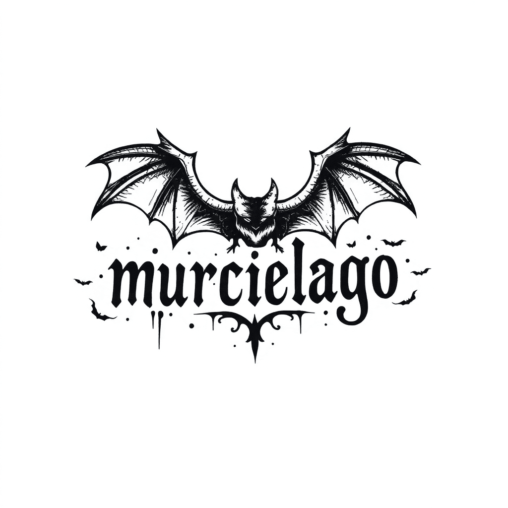 A Tattoo Wirh The Word “murcielago” With Bats Surrounding It
