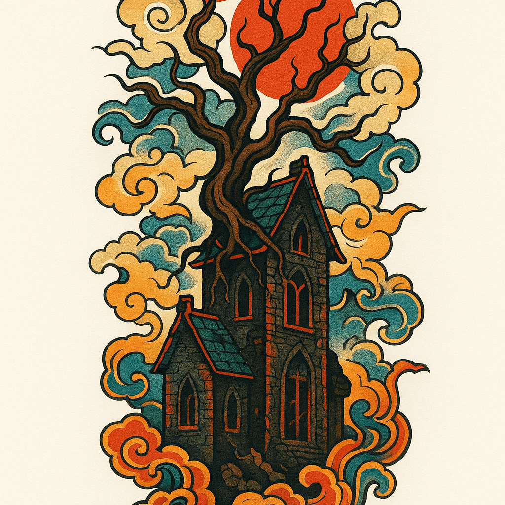Vertical Composition, Foot And Leg Tattoo, Fine-line Black-and-grey Realism, Dark Atmospheric Scene — Massive Twisted Leafless Tree Growing From The Roof Of A Tall, Narrow Crumbling Gothic Mansion, Gn