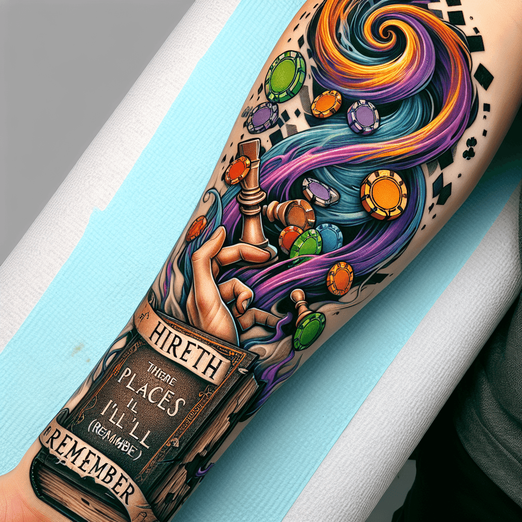 Forearm Tattoo Of Poker Chips And Chess Pieces Mystically Spiraling Up And Out Of A Tattered Old Book Titled Hiraeth With Smoke And The Words “there Are Places I’ll Remember “