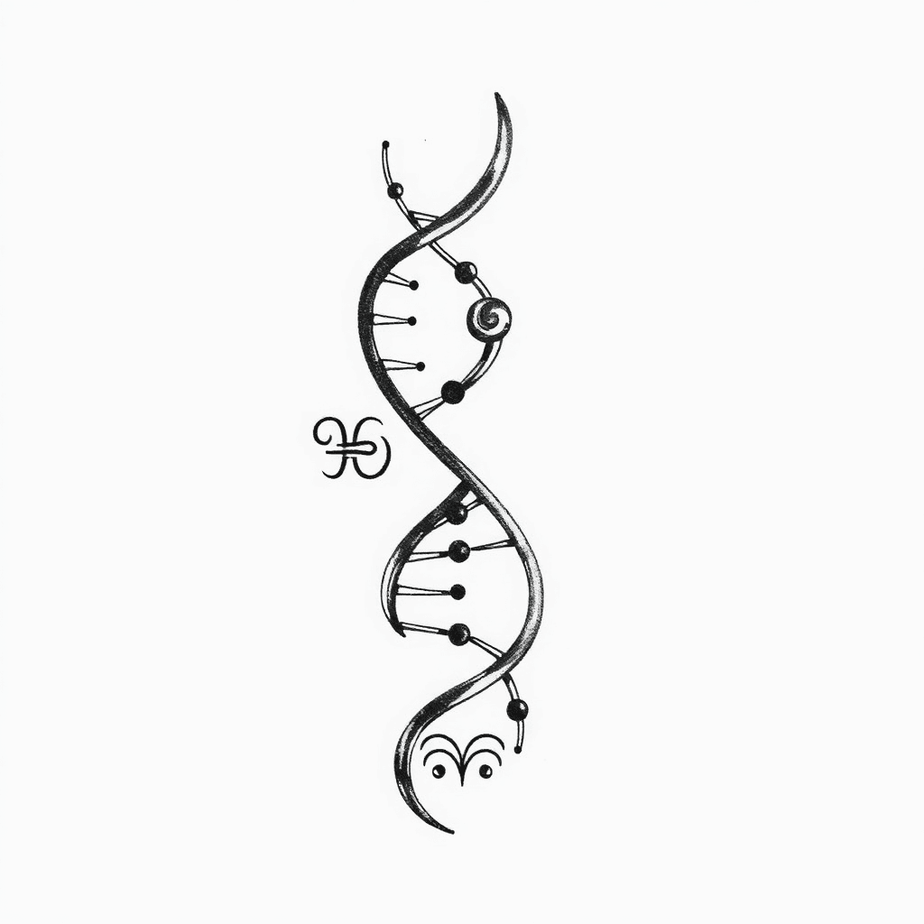 Dna Double Helix, Curved, Interwoven With The Zodiac Signs Of My Family Members In The Style Of The Signs Of The Zodiac (lines And Dots). The Zodiac Signs Are Aries, Leo, Libra, Pisces And Virgo